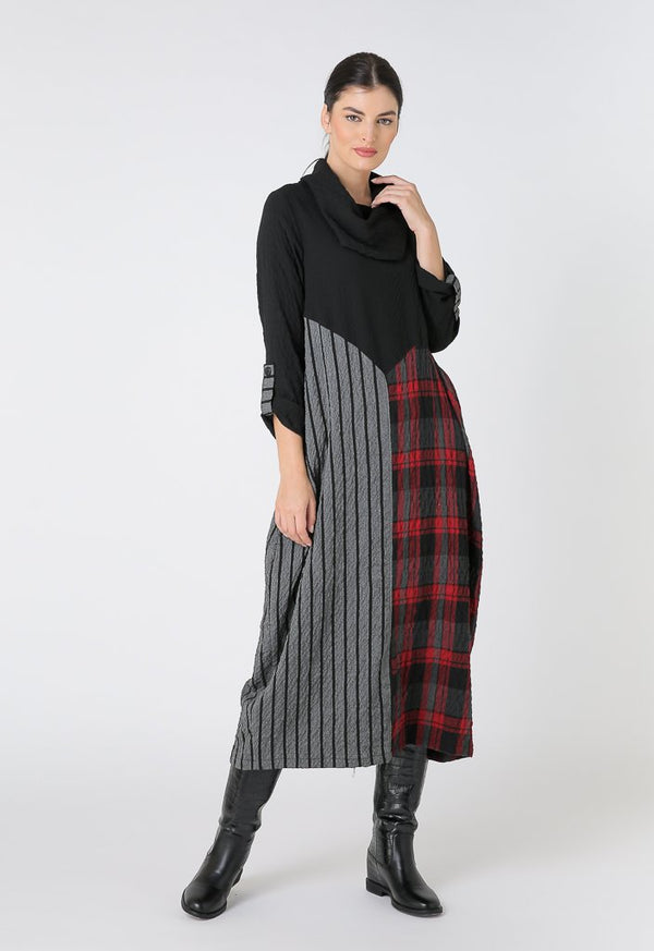 Choice Plaid-Striped Long Sleeve Midi Dress Red-Black