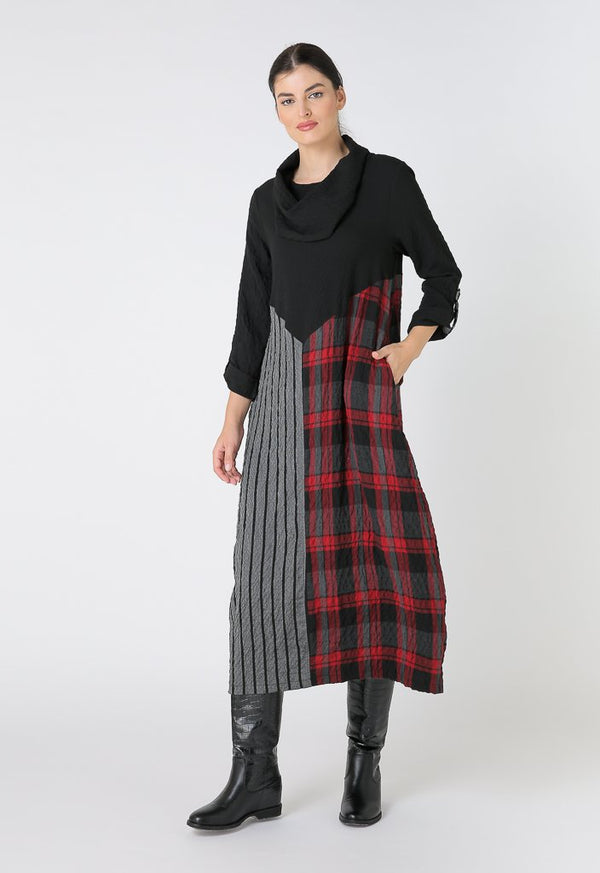 Choice Plaid-Striped Long Sleeve Midi Dress Red-Black