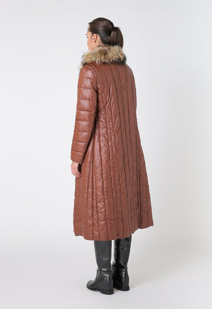 Choice Quilted Fur Detail Puffer Midi Jacket Terracotta