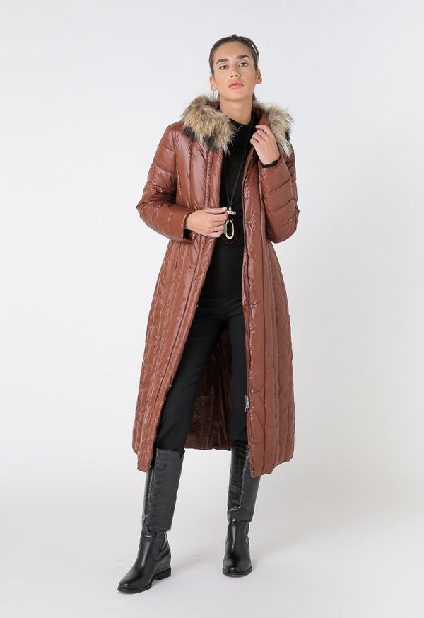 Choice Quilted Fur Detail Puffer Midi Jacket Terracotta