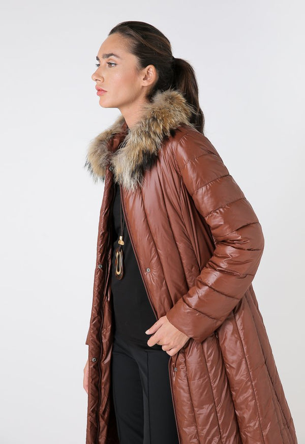 Choice Quilted Fur Detail Puffer Midi Jacket Terracotta
