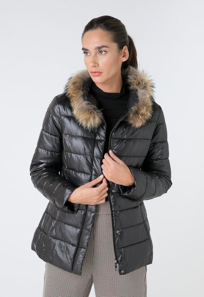 Choice Quilted Fur Detail Puffer Jacket Black