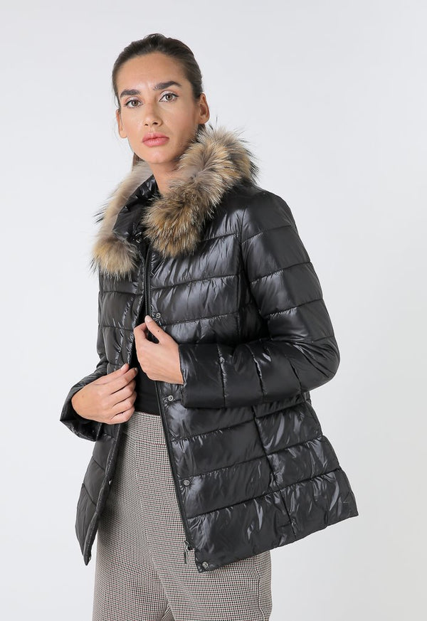 Choice Quilted Fur Detail Puffer Jacket Black