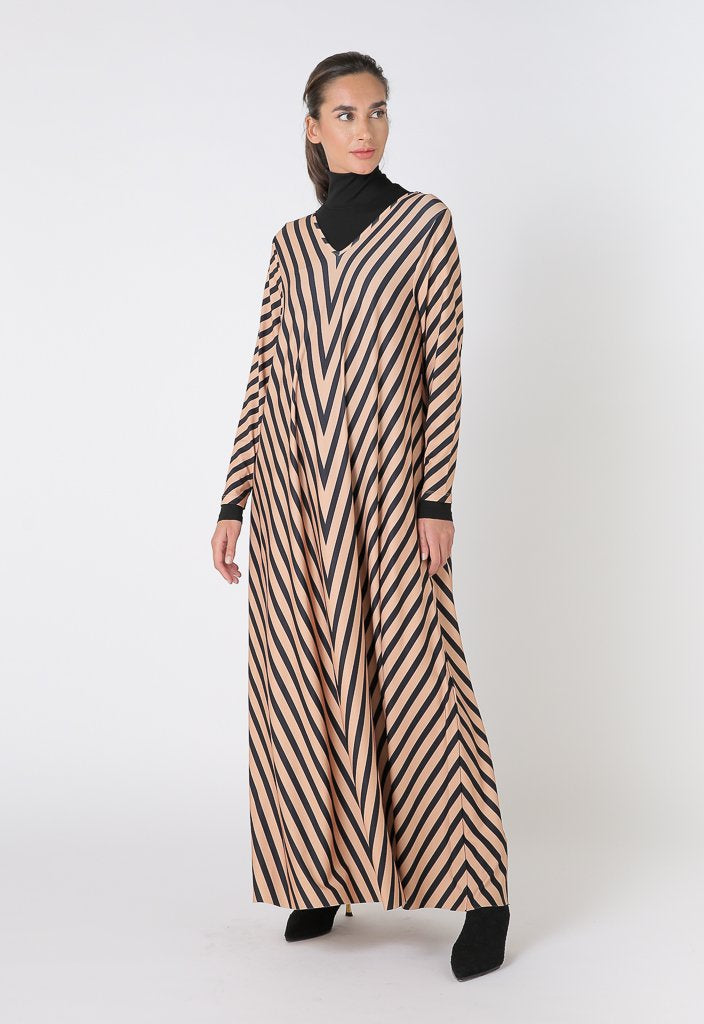Choice Striped Long Sleeve Maxi Dress Caramel
