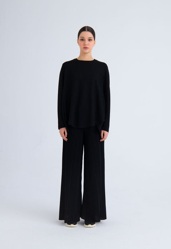 Choice Solid Color Knitted Overlap Side Slit Blouse Black