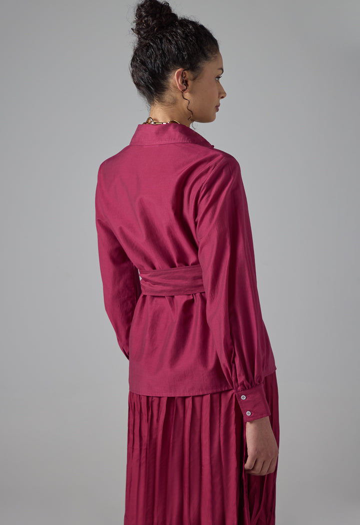 Choice Long Sleeve Basic Belted Shirt  Burgundy