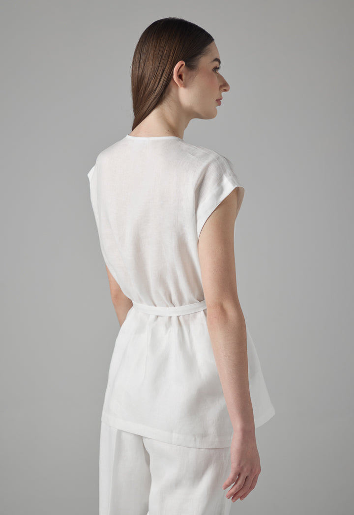 Choice Crystal Embellished Sleeveless Linen Blouse Off White