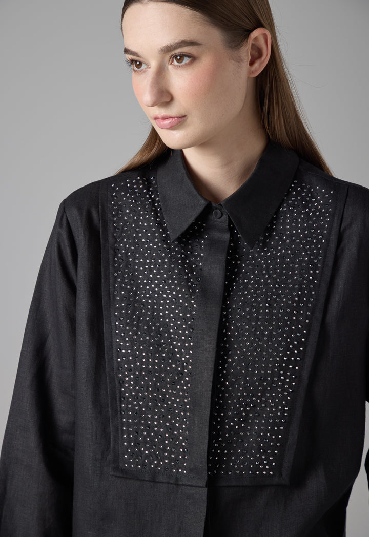 Choice Solid Crystal Embellished Linen Shirt Black