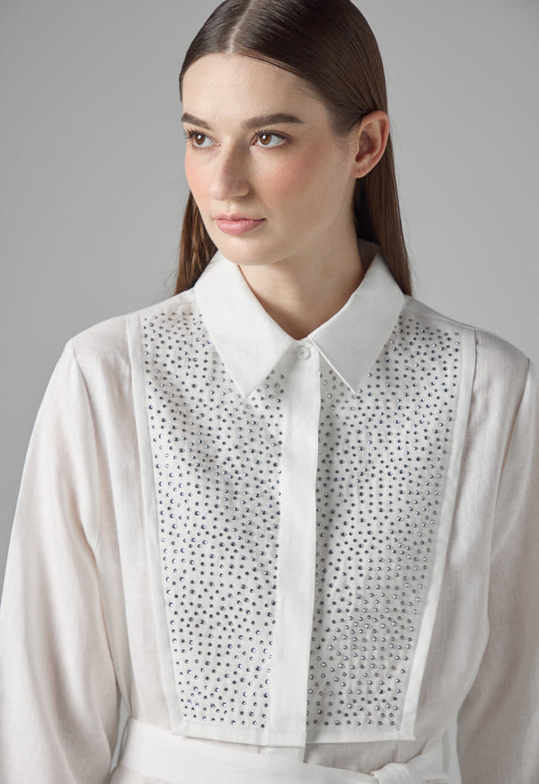 Choice Solid Crystal Embellished Linen Shirt Off White