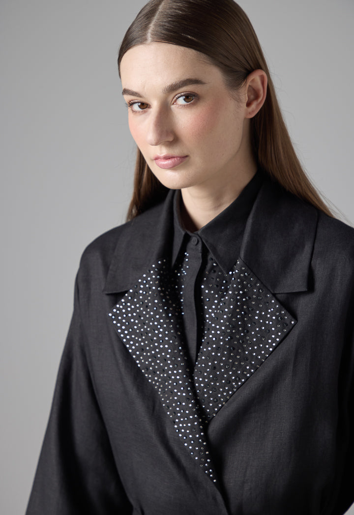 Choice Single Tone Embellished Crystal Belted Jacket Black