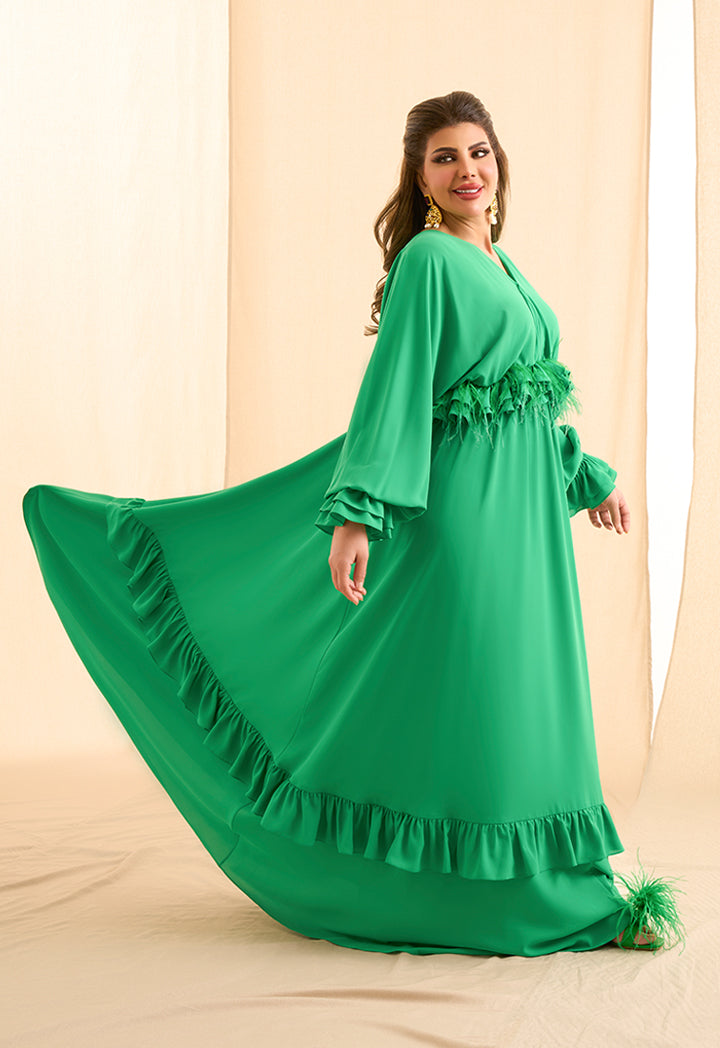 Choice Ruffle Fringe Tiered Solid Dress Green