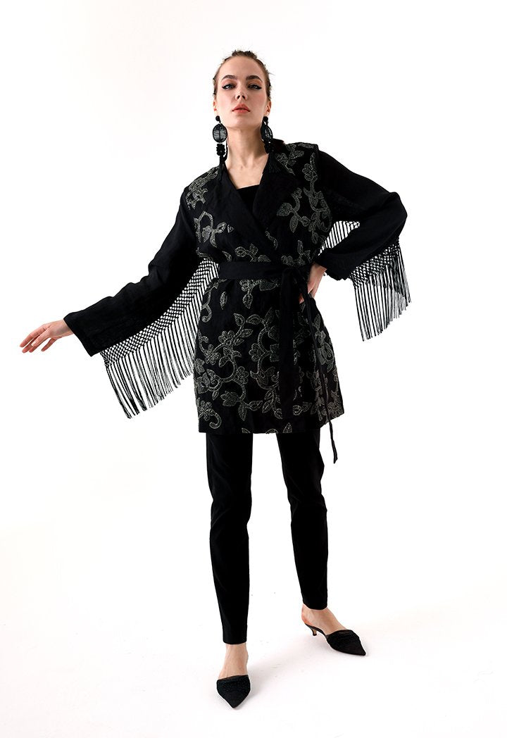 Choice Sequins Embroidery Kimono Jacket Black - Wardrobe Fashion