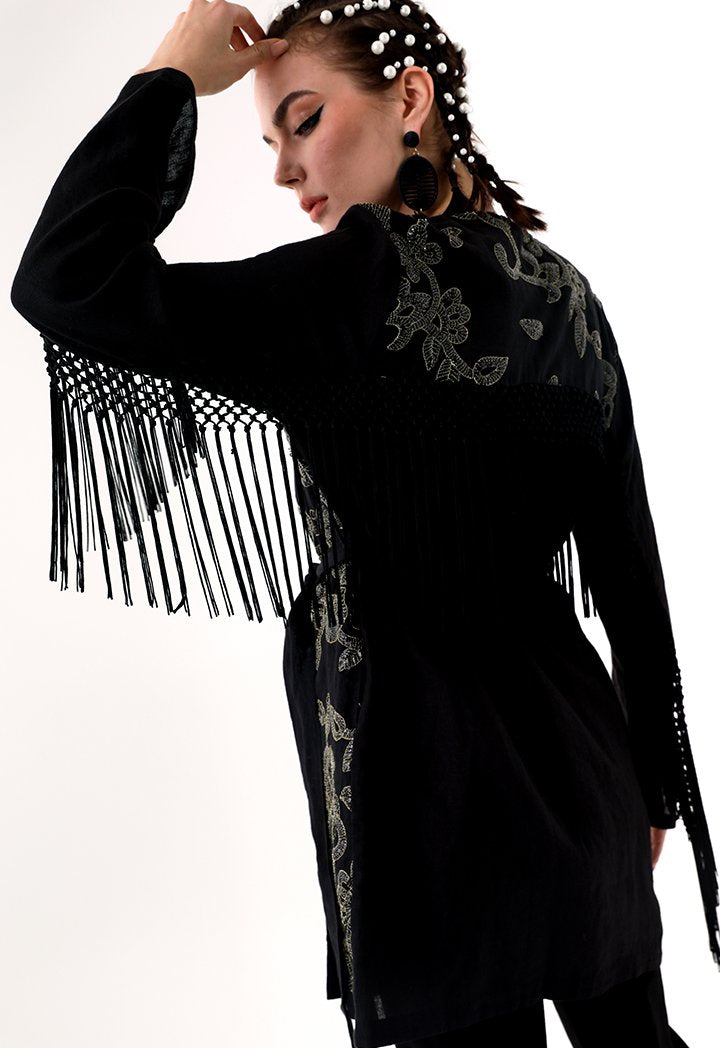 Choice Sequins Embroidery Kimono Jacket Black - Wardrobe Fashion