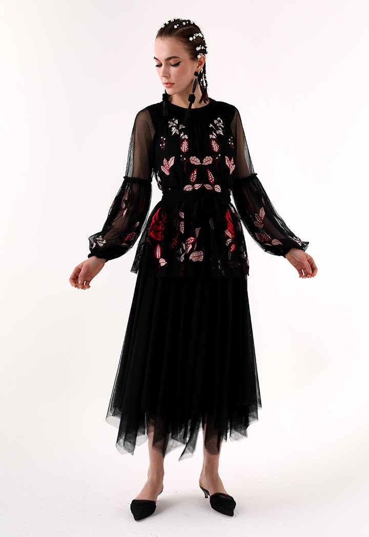 Choice Floral Embroidered Chiffon Blouse Black - Wardrobe Fashion
