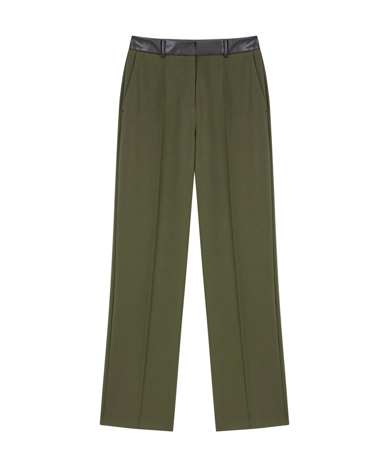 Ipekyol Leather Mix Straight Fit Trousers
 Khaki