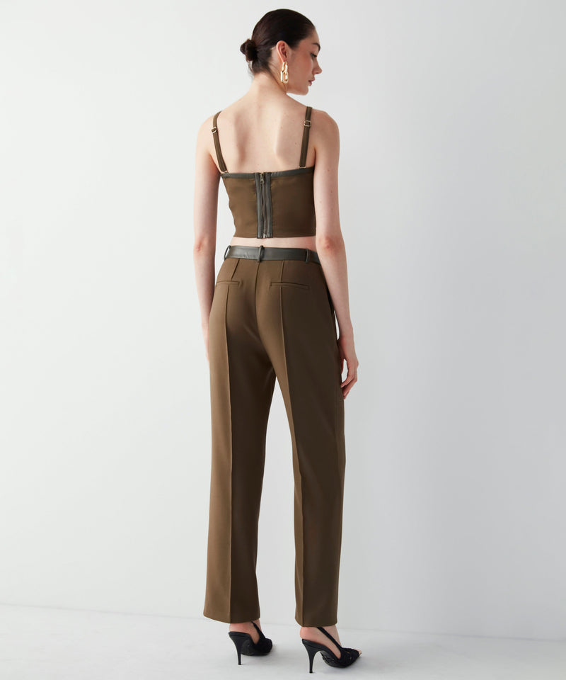 Ipekyol Leather Mix Straight Fit Trousers
 Khaki