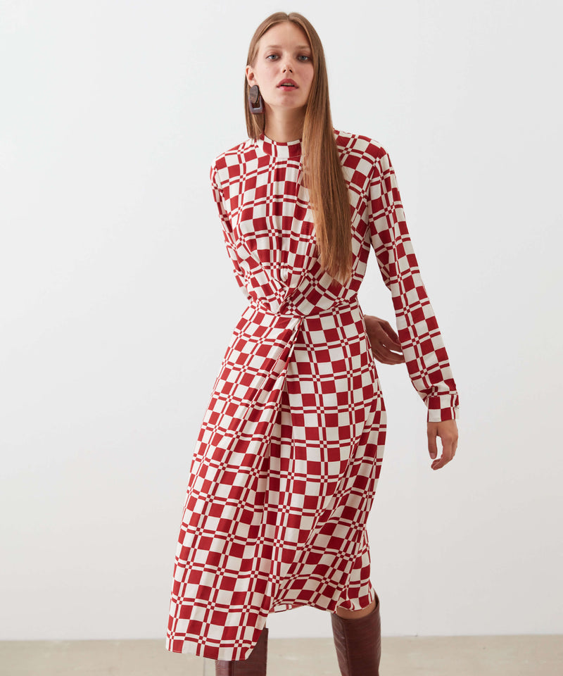 Ipekyol Square Pattern Midi Dress Cherry