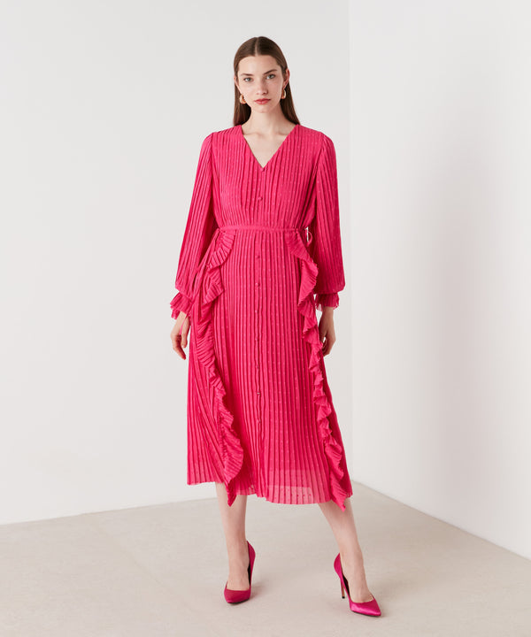 Ipekyol Printed Pleated Ruffle Midi Dress Pink