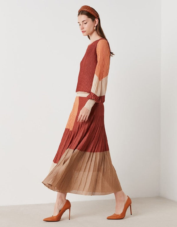 Ipekyol Color Block Pleated Skirt Old Rose