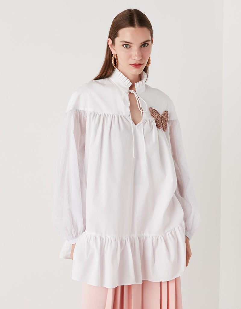 Ipekyol Ruffle Neck Self Tie Solid Blouse White