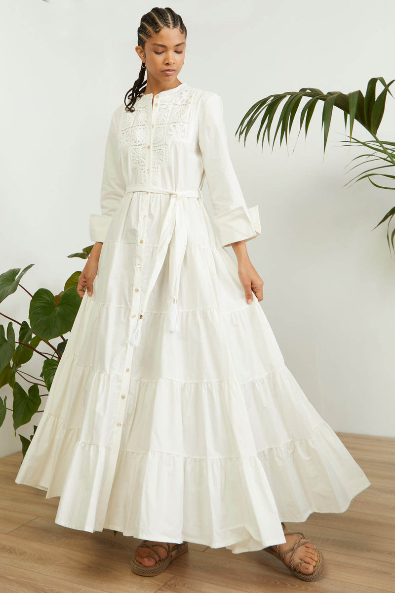 Souvenir Laced Yoke Tiered Solid Dress White