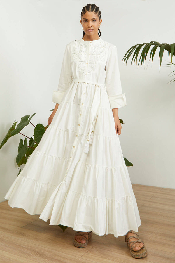 Souvenir Laced Yoke Tiered Solid Dress White