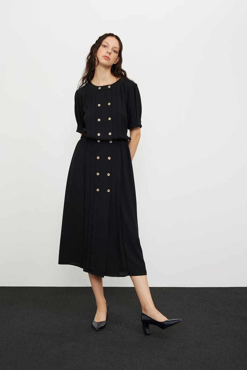 Roman Pleated Crepe Midi Dress Black