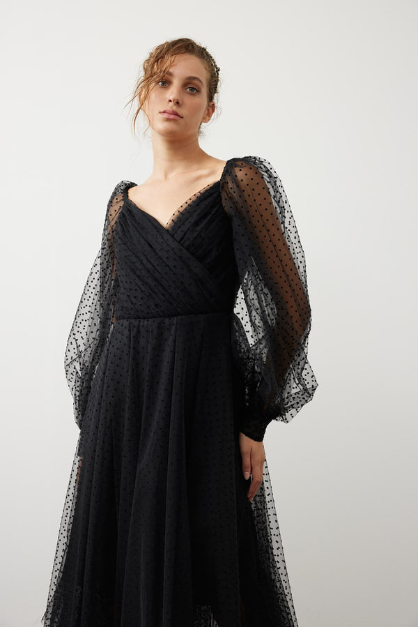 Roman Polka Dot Sheer Midi Dress Black
