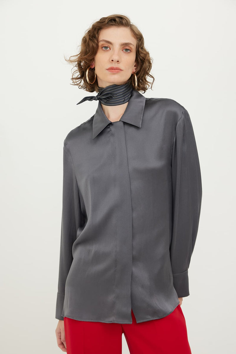 Roman Shiny Textured Solid Shirt Grey