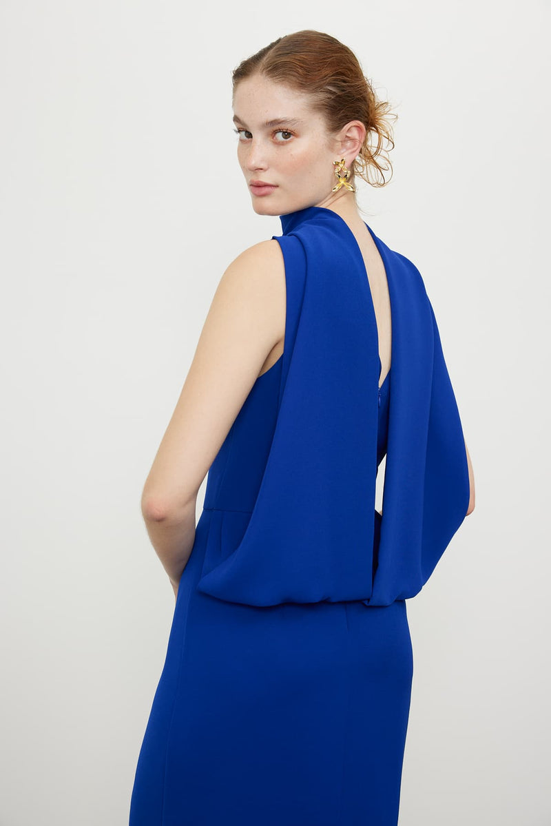 Roman Detailed Midi Solid Dress Blue