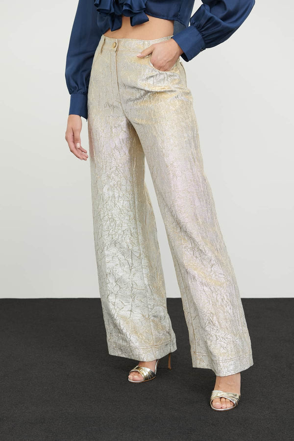 Roman Shiny Textured Wide Trousers Gold
