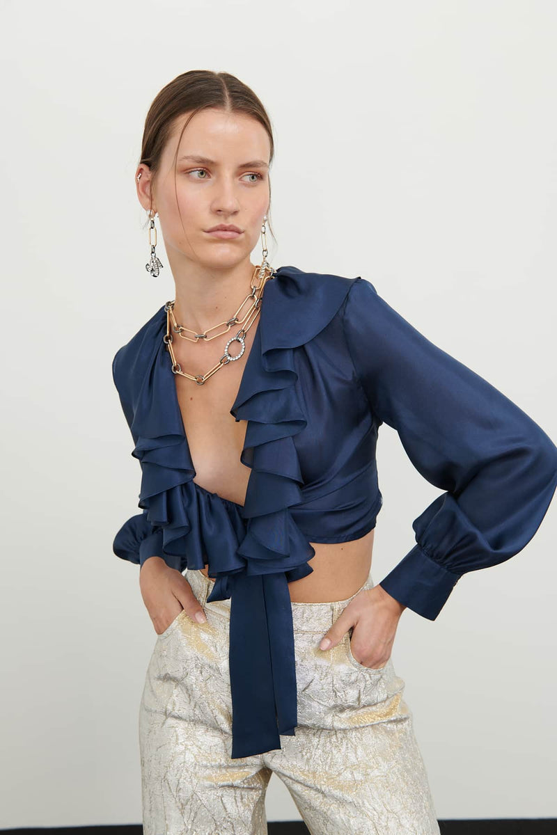 Roman Ruffle Detail Sheer Blouse Navy