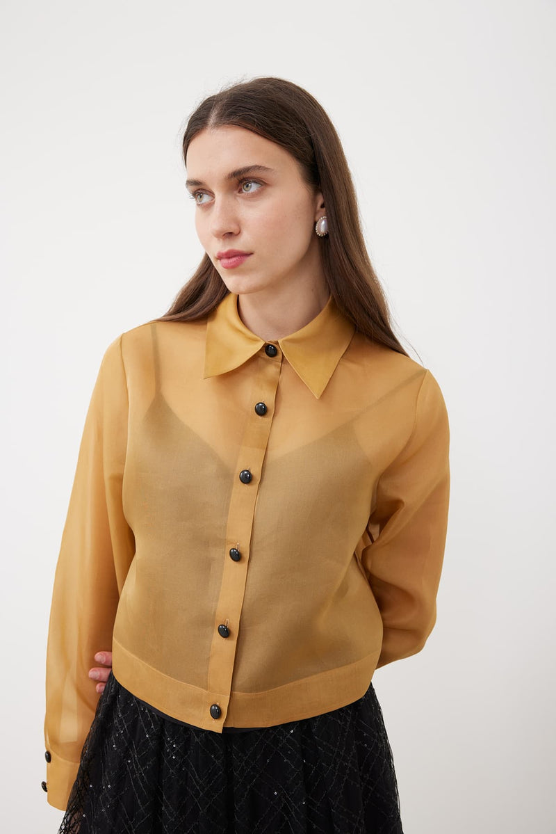 Roman Pearl Button Crepe Organza Shirt Camel