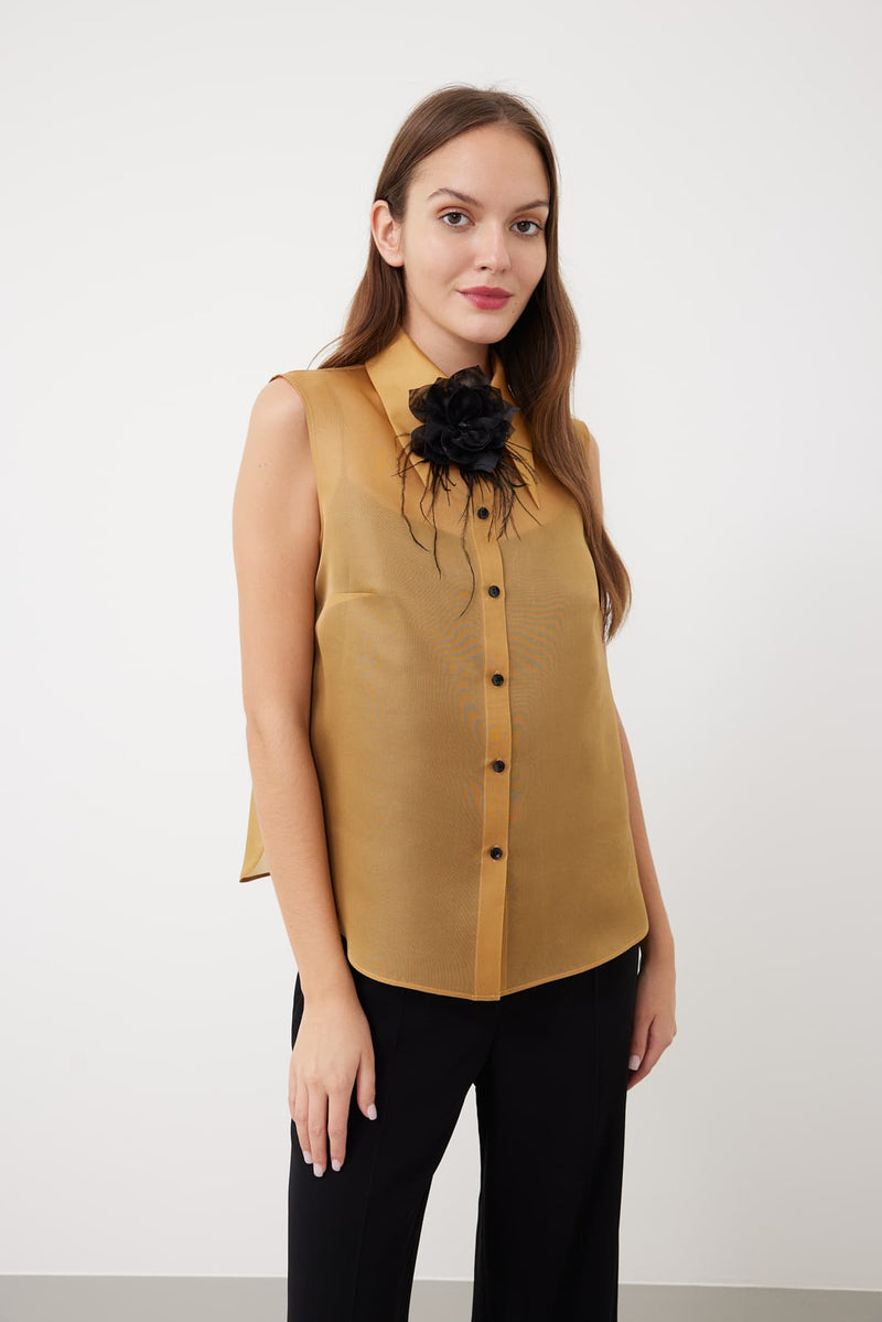 Roman Organza Shirt With Rose Detail Camel