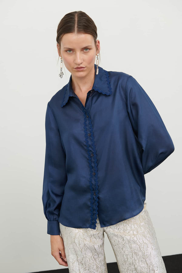 Roman Embroidered Detail Silk Blouse Navy