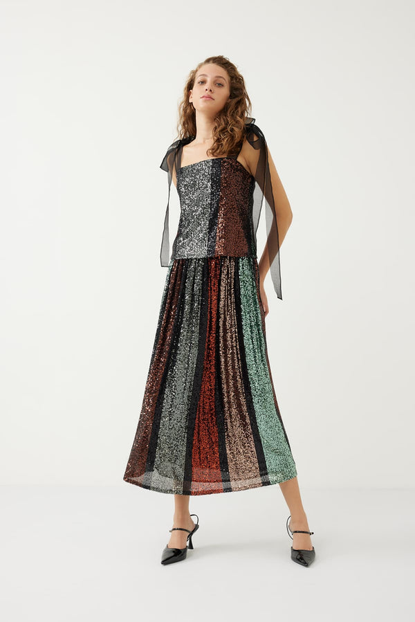 Roman Sequined-Embellished Patterned Skirt Multi Color