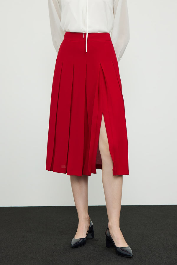 Roman Pleated Slit Details Skirt Red