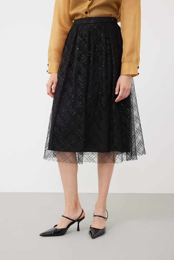 Roman Sequin-Embellished Tulle Skirt  Black