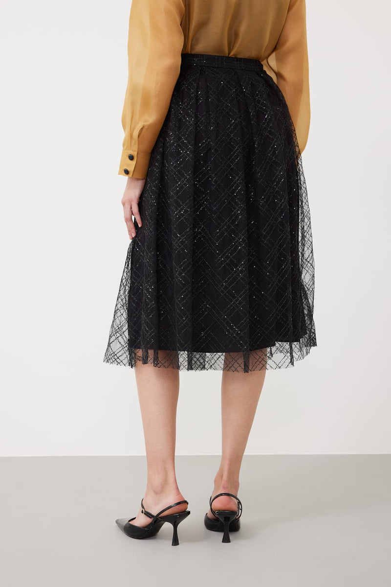 Roman Sequin-Embellished Tulle Skirt  Black