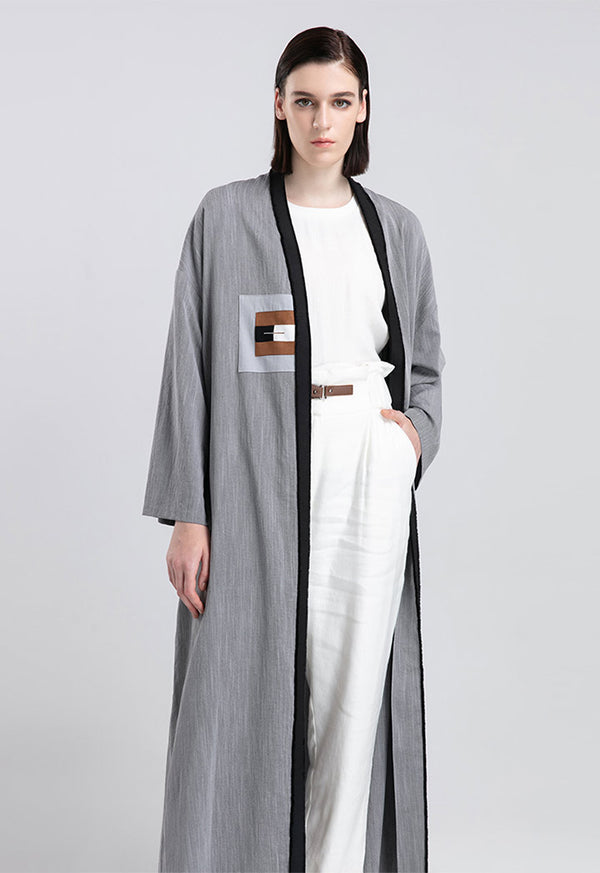 Choice Frayed Trim Open Front Kimono Outerwear Grey Melange