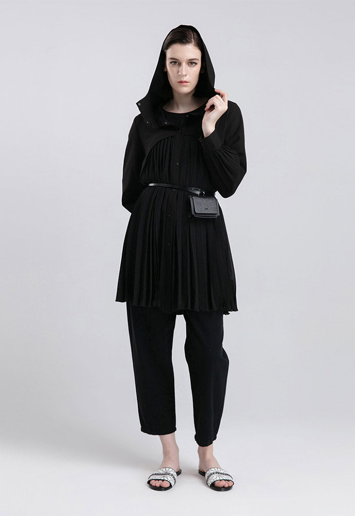 Choice Pleated Snap Button Hoodie Jacket Black