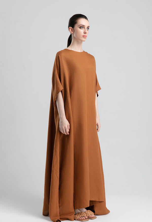 Choice Textured Linen Long Flared Dress Caramel