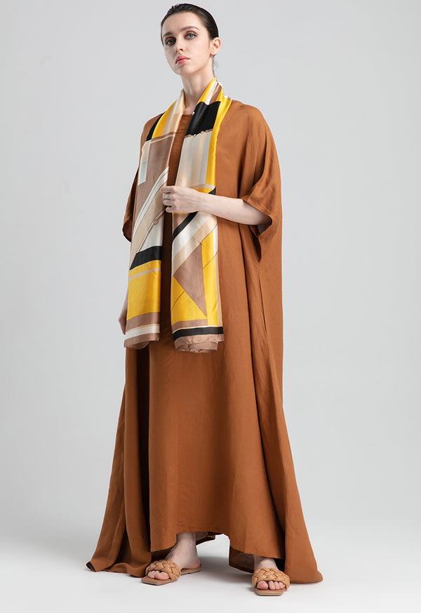 Choice Textured Linen Long Flared Dress Caramel