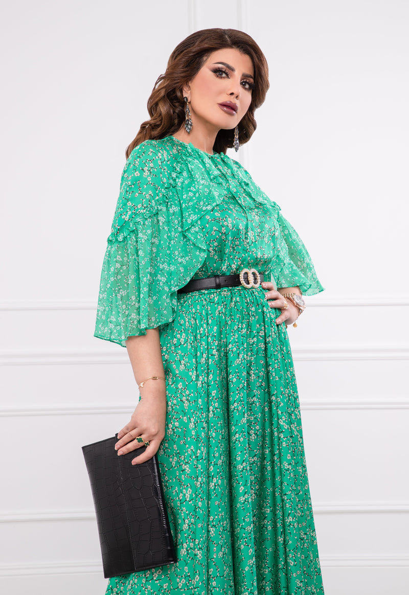 Machka Printed Ruffle Detail Maxi Dress Emerald Green