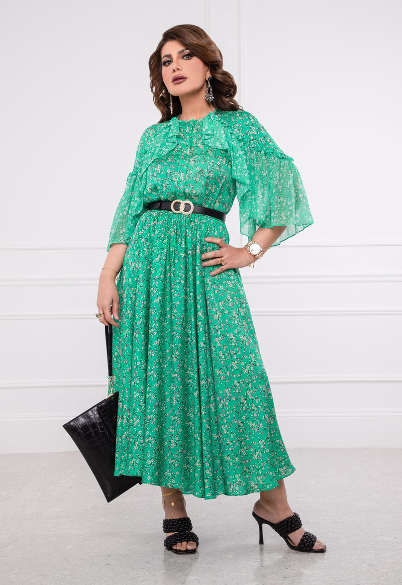 Machka Printed Ruffle Detail Maxi Dress Emerald Green