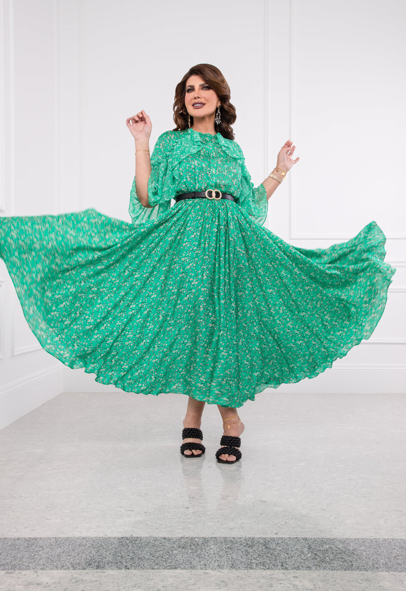 Machka Printed Ruffle Detail Maxi Dress Emerald Green