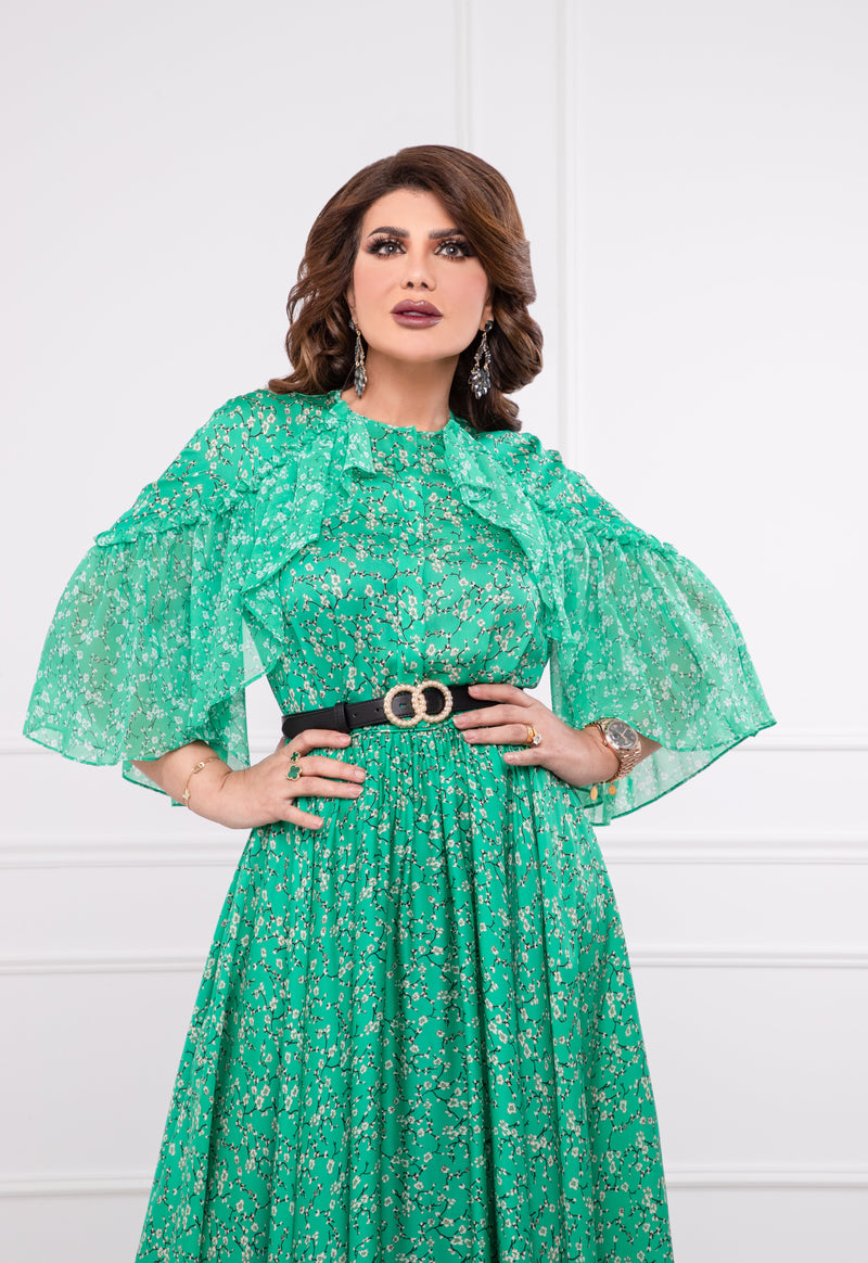 Machka Printed Ruffle Detail Maxi Dress Emerald Green