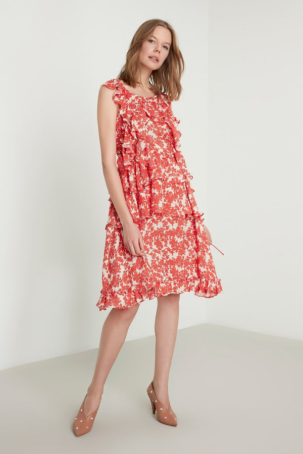 Machka Printed Sleeveless A-Line Layered Short Dress Red