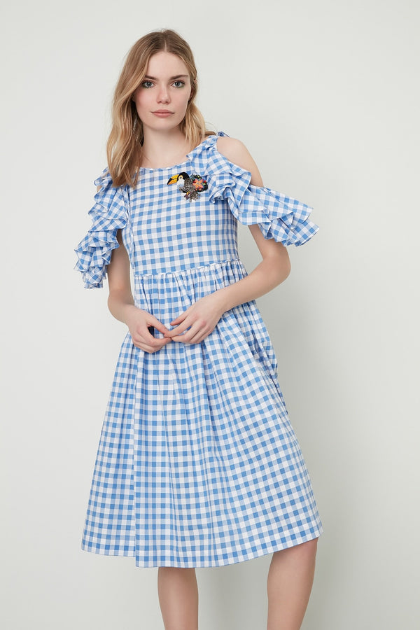 Machka Checkered Cold Shoulder With Ruffle Detail A-Line Short Dress Sky Blue