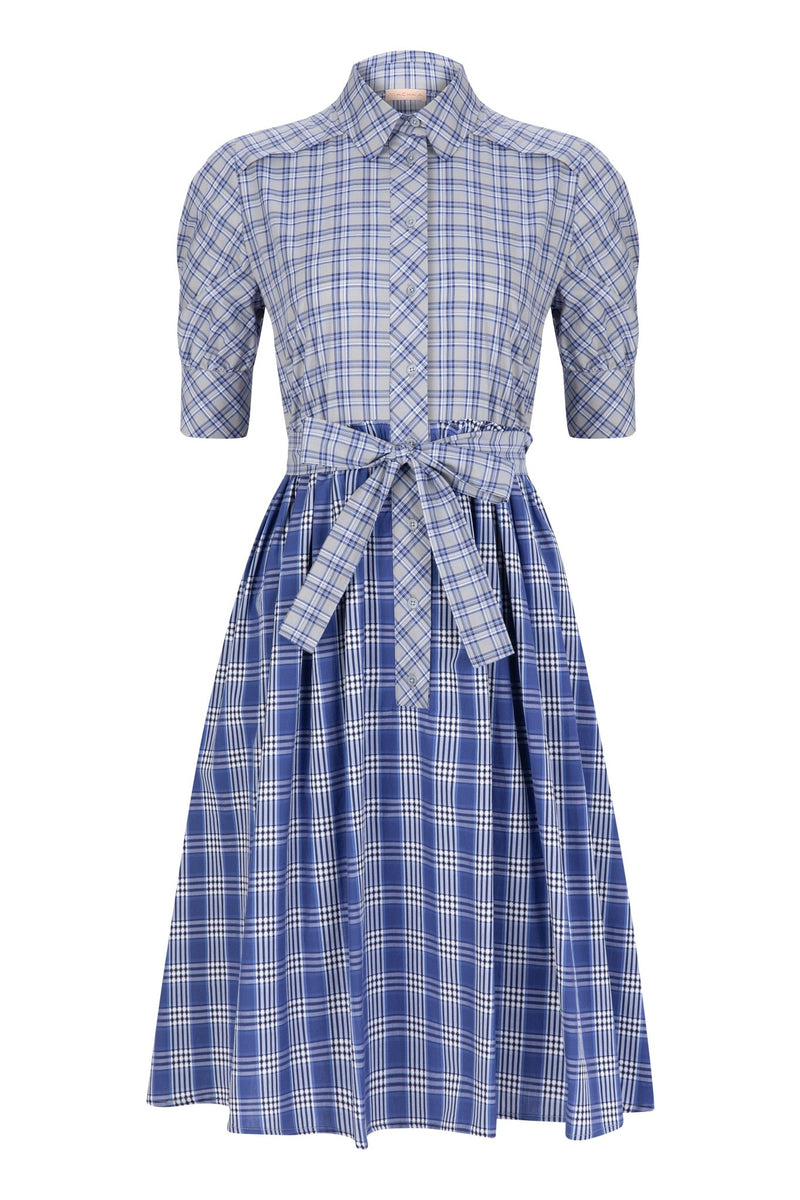 Machka Checkered Short Sleeve Belted A-Line Short Shirt Dress Cobalt